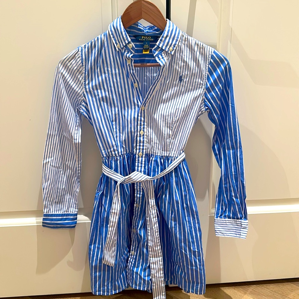 Polo Ralph Lauren girls blue and white striped shirt dress with tie